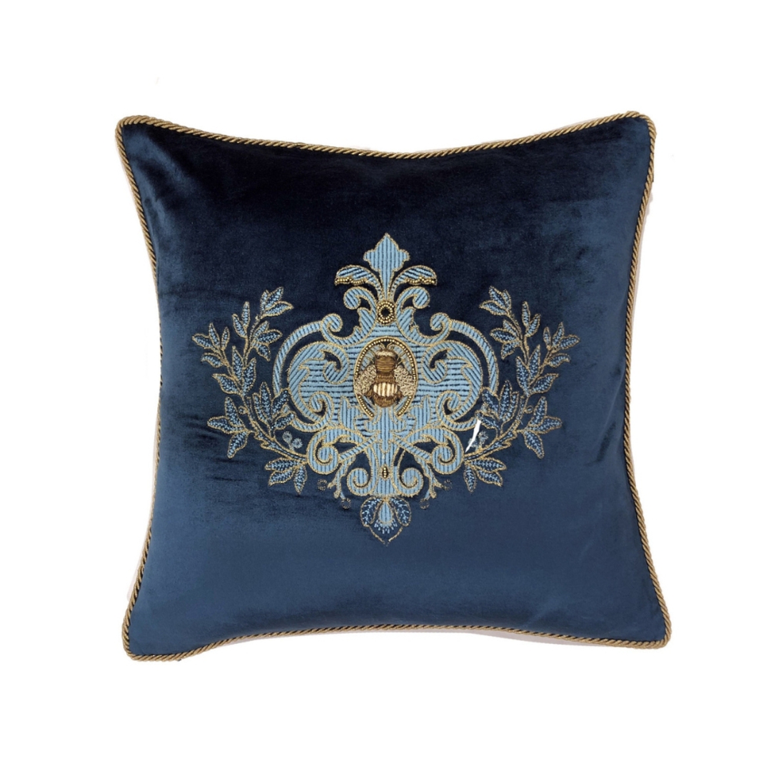 Sanctuary Cushion Cover - Hand Embroidered Velvet Blue Emblem image 0
